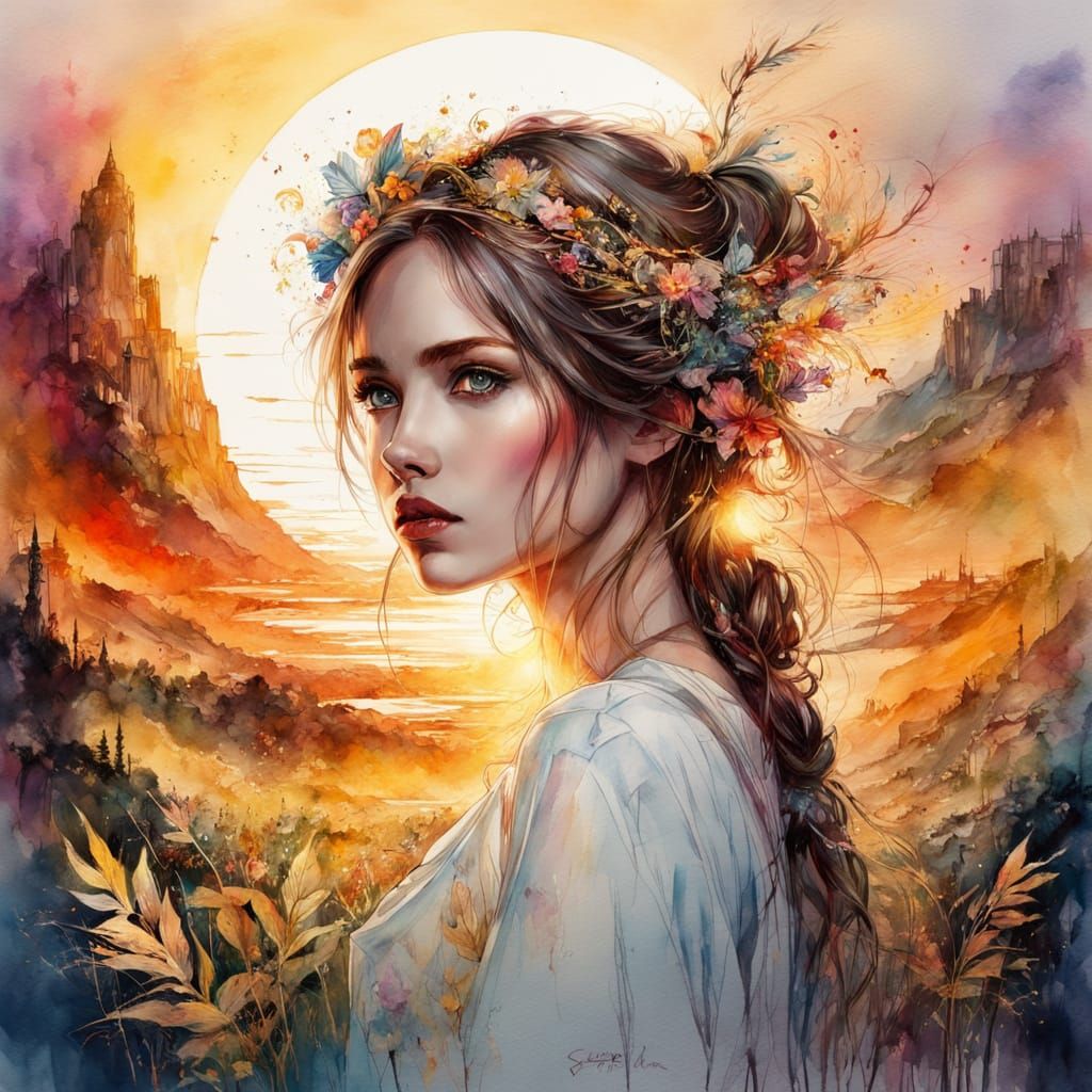 Watercolor Woman in Flour, Fantasy Art Style