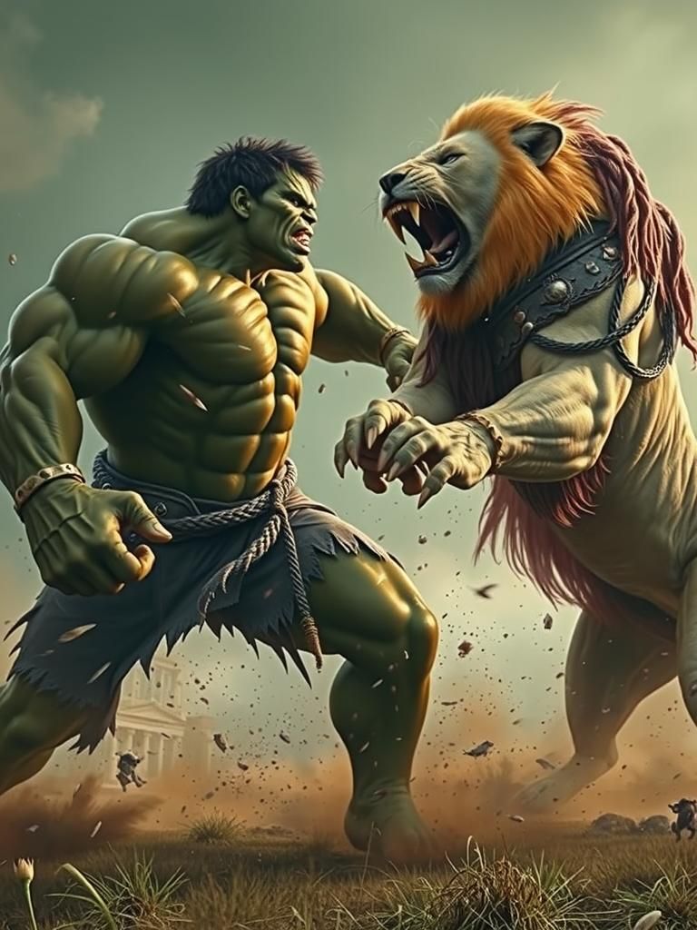 The hulk fights a giant lion