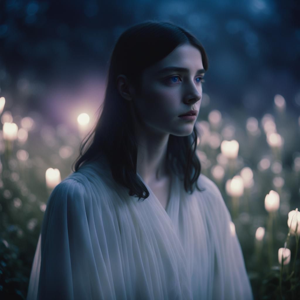 Ethereal Girl in Moonlit Garden: A Dreamy Cinematic Still