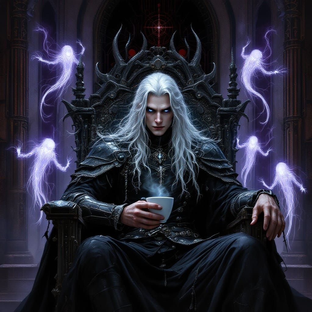 Gothic Knight on Steel Throne with Coffee