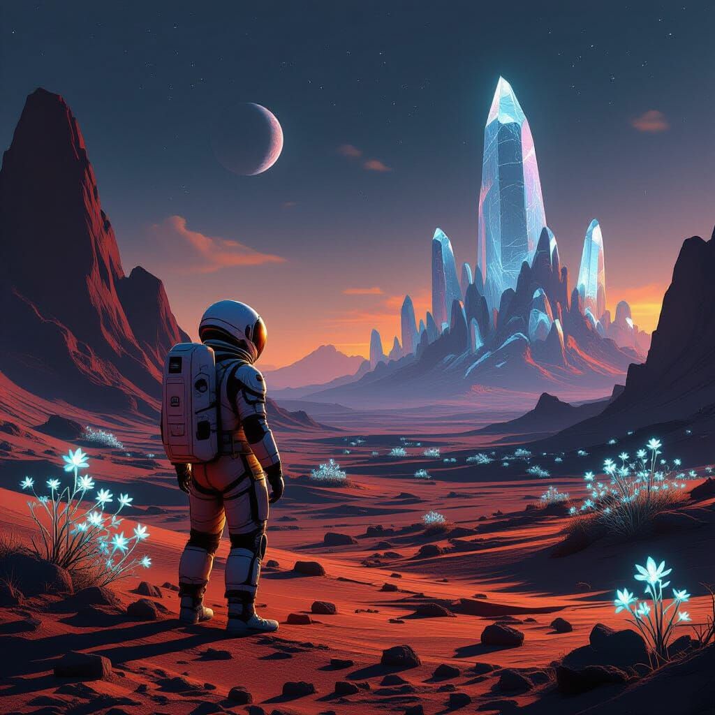 Astronaut on Alien Planet with Bioluminescent Flora