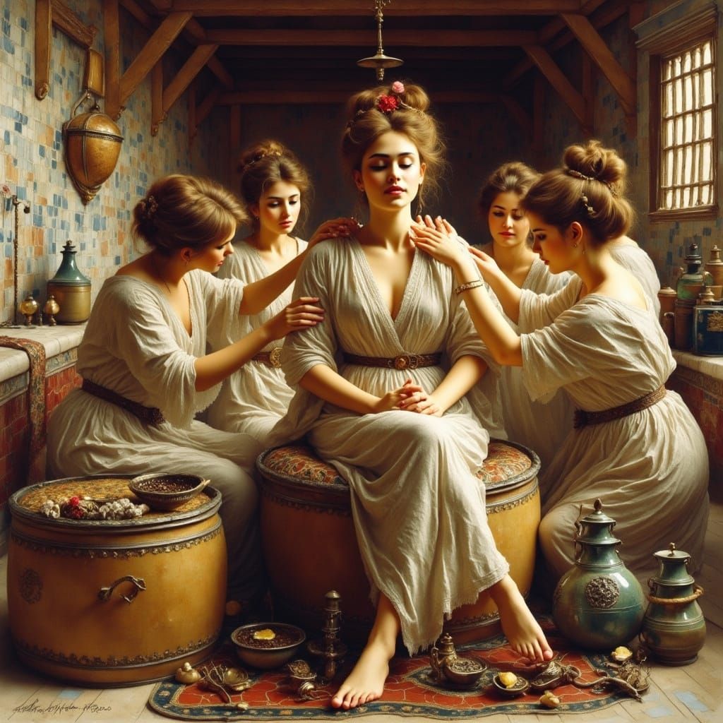Woman in Traditional Bathhouse, circa 1891, in Oil on Canvas...