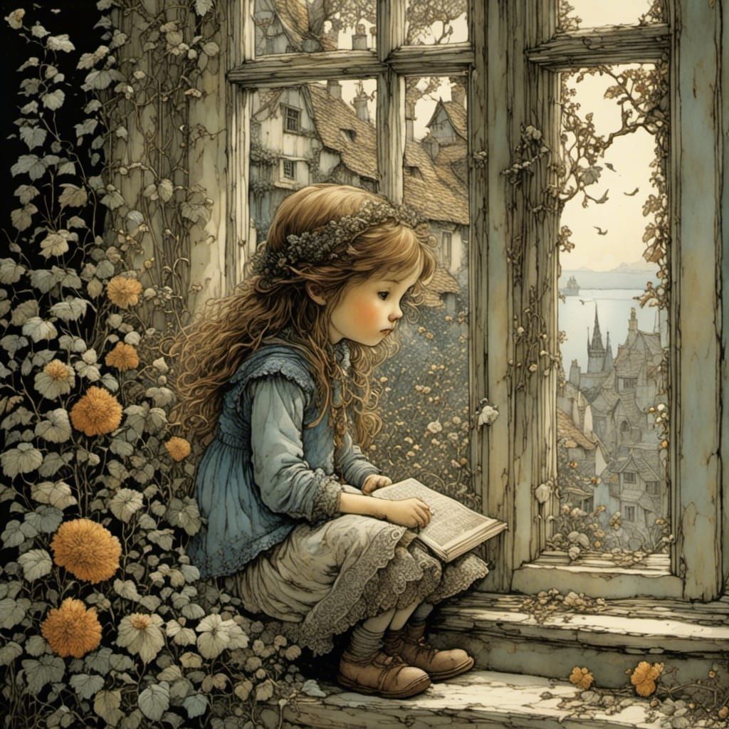 Girl, Bird, and Window: Intricate Illustration