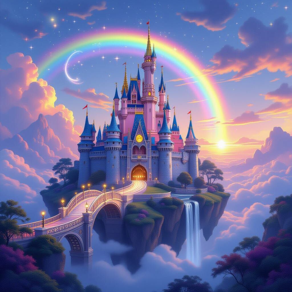 Majestic Rainbow Castle on Floating Island with Magical Brid...