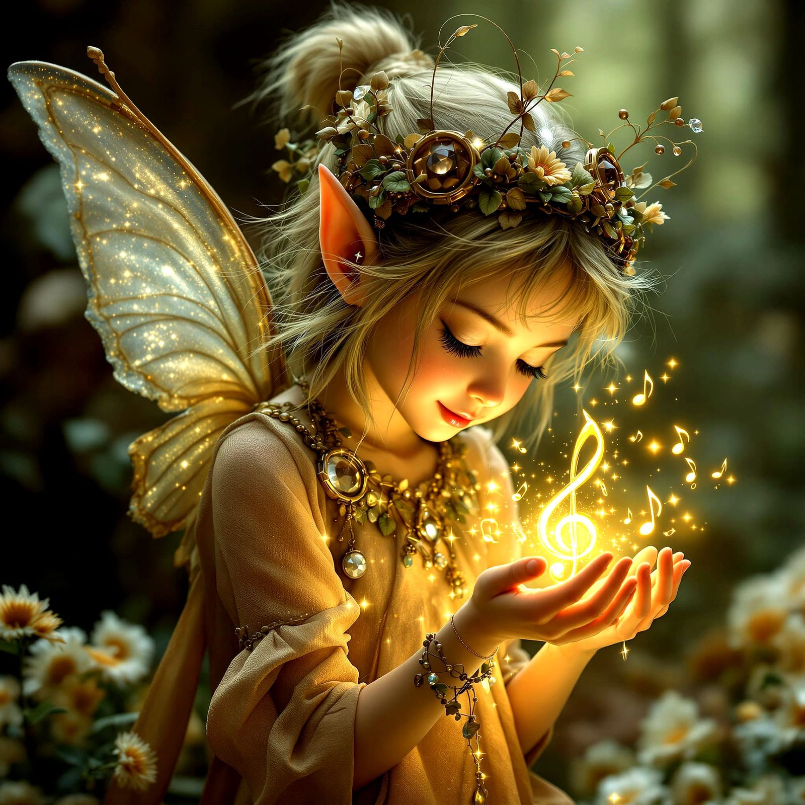 Adorable Elf Pixie Playing with Glowing Music Note