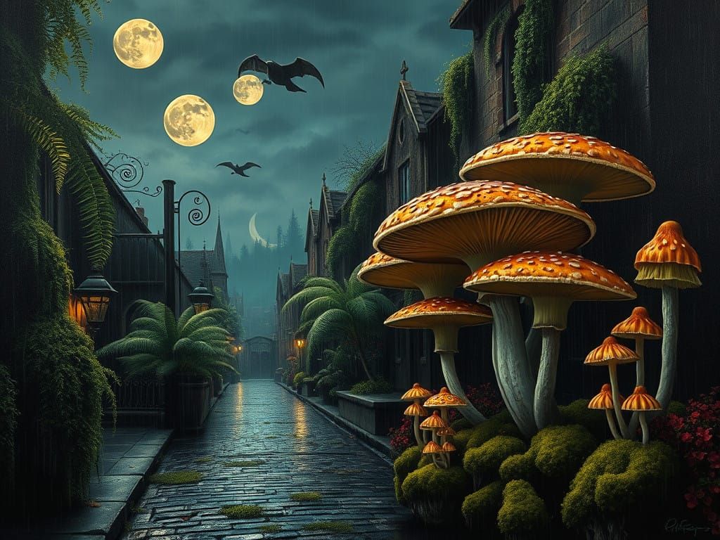 Gothic Surrealism Nighttime Scene with Giant Mushrooms