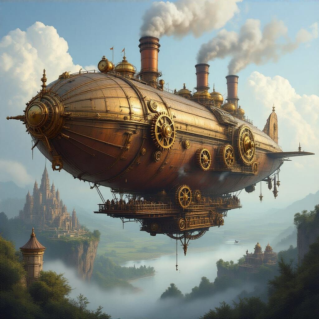 Steampunk Airship Docks at Floating Island City