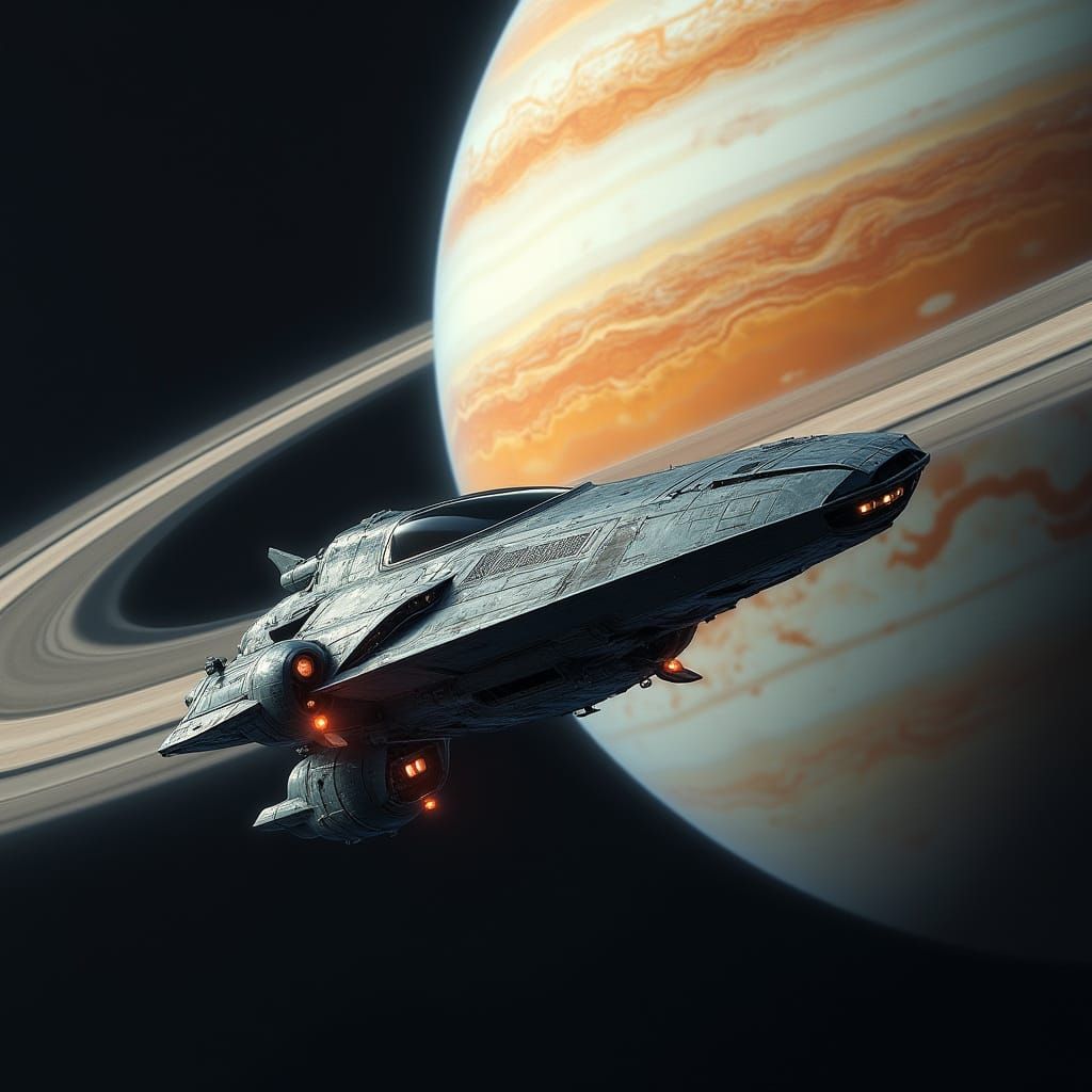 Sleek Spaceship Over Gas Giant in Cinematic Style