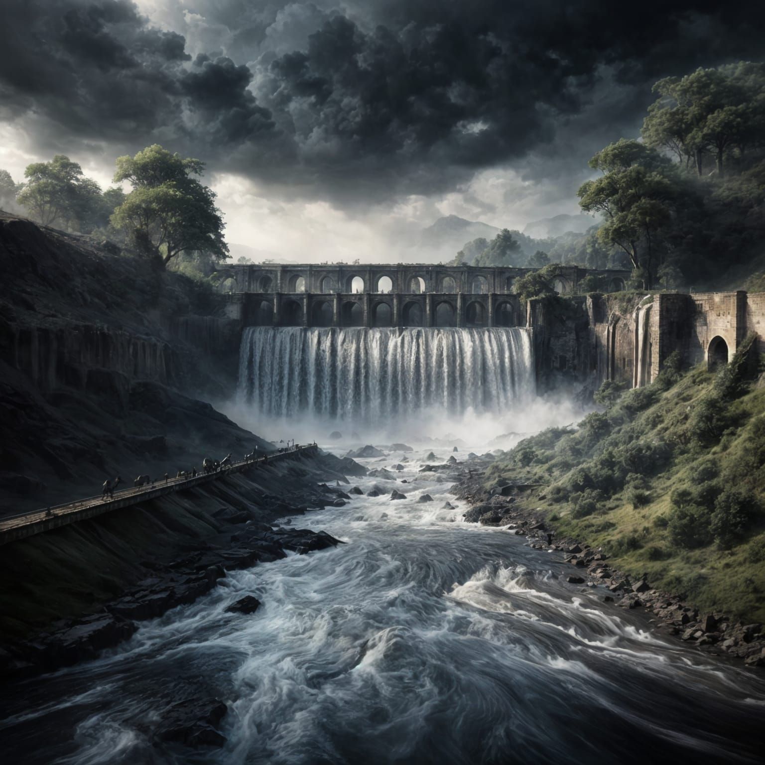 Apocalyptic Ruin: Ash-Covered Dam in Digital Painting