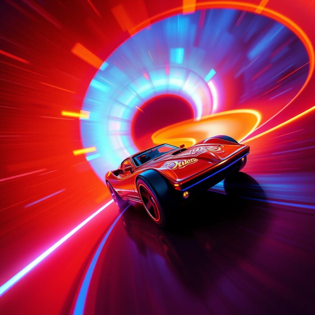 Sleek Hot Wheels Car Speeds Down Vibrant Orange Track in Str...