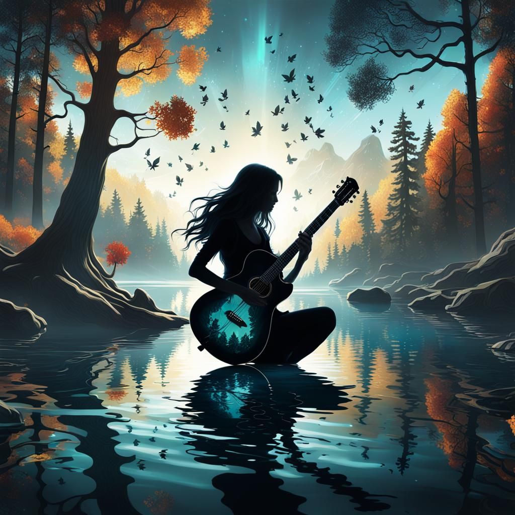 Silhouette Guitar on Fall Lake, Detailed Matte Painting