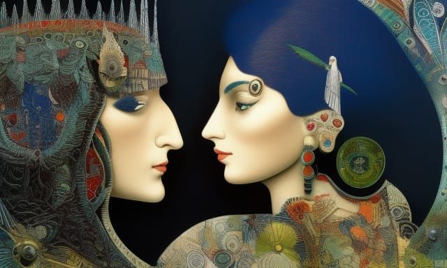 Detailed Ink Drawing: Man and Woman Talking of Love