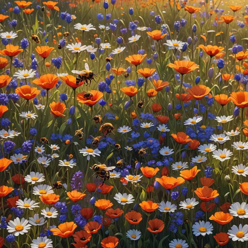 Bees Swarming Flowers in Lush Field, Fantasy Art