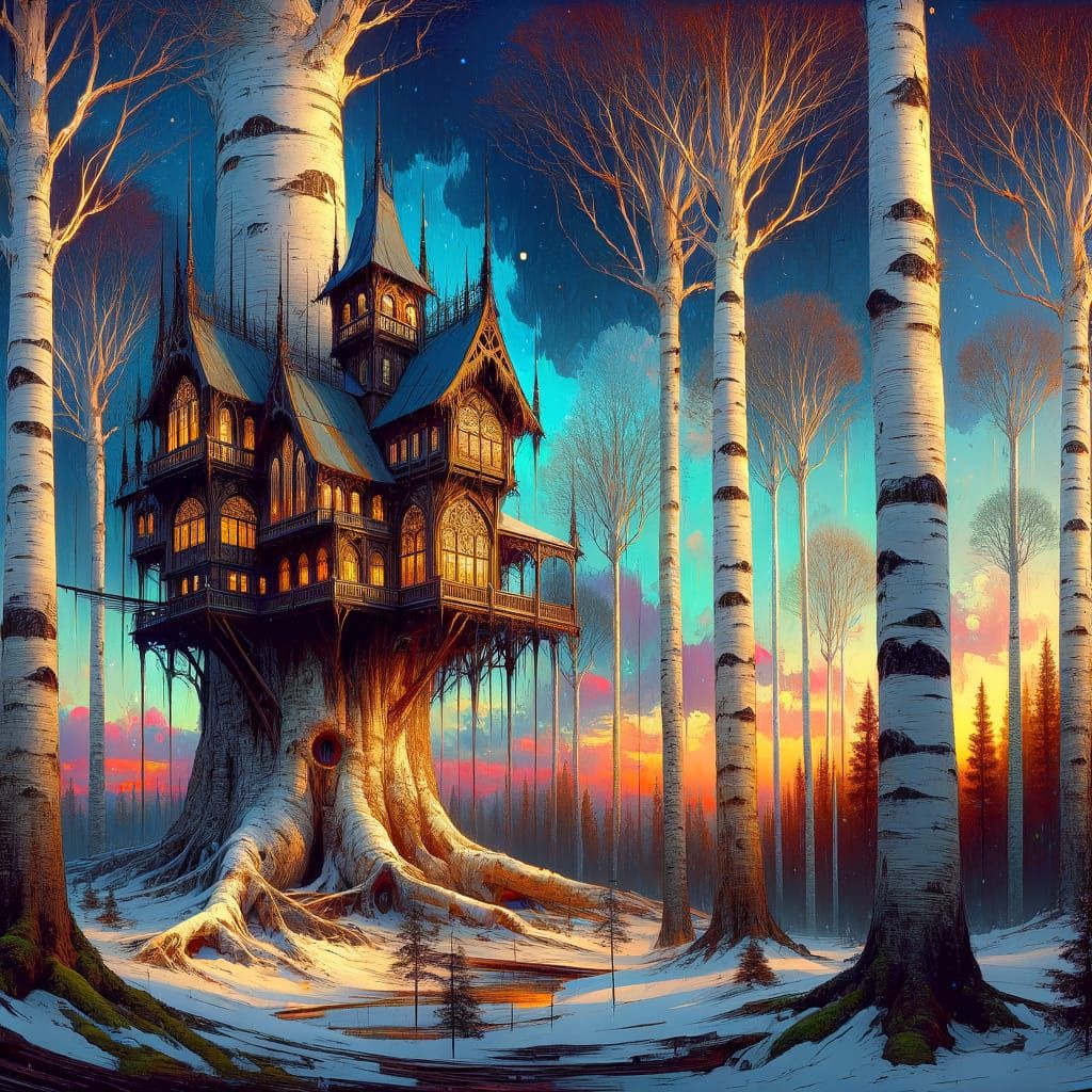 Surreal Winter Scene of a Gothic Treehouse in a Birch Forest