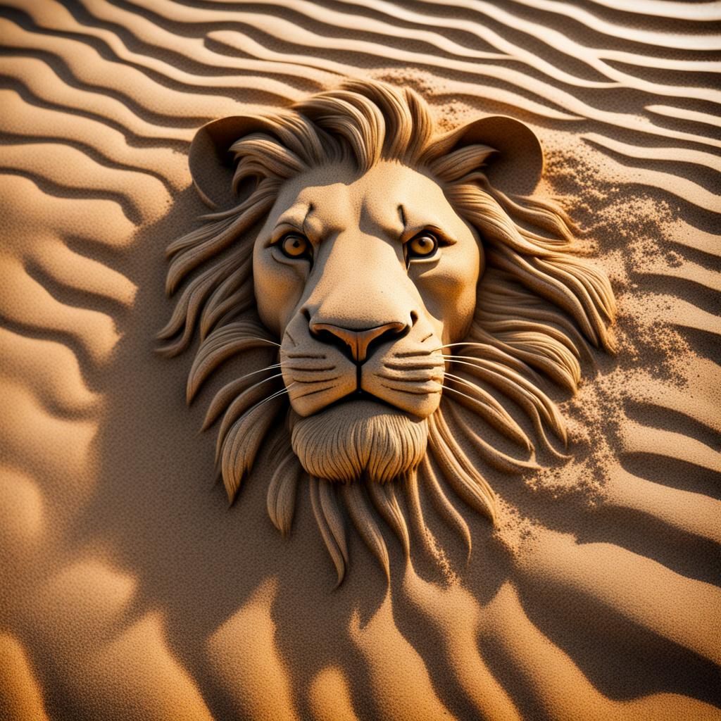 Lion King Sand Portrait Near Ocean Wave