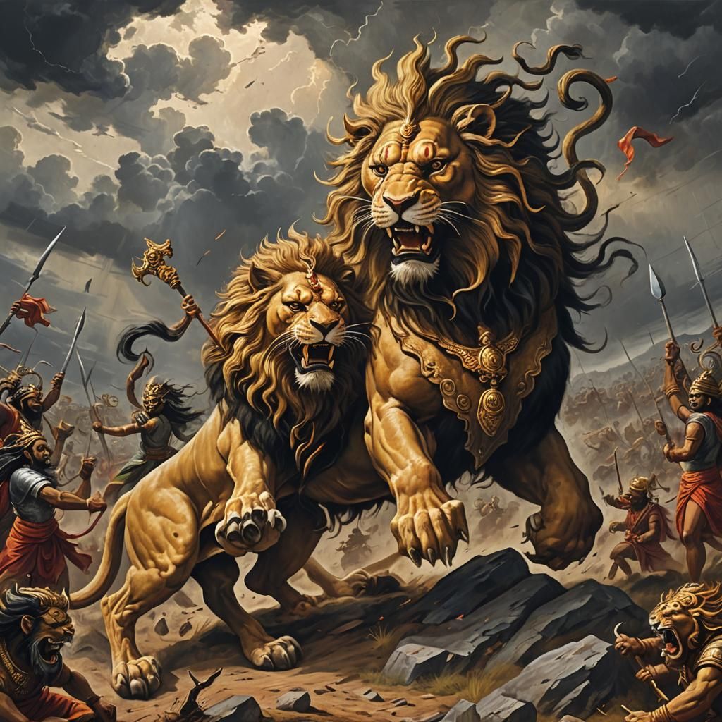 Durga Confronts Mahishasura on Barren Battlefield