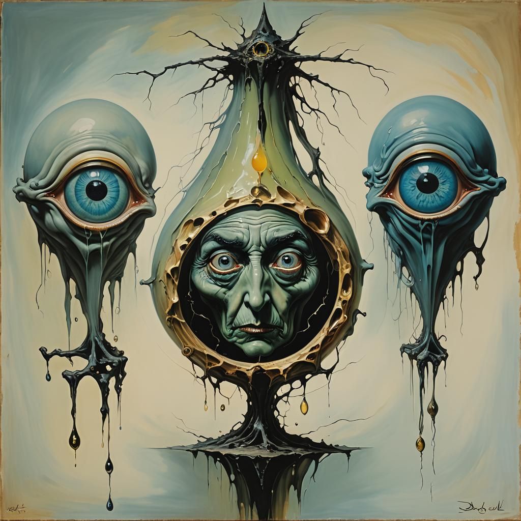 Three Witches Share One Eye in Surrealist Style
