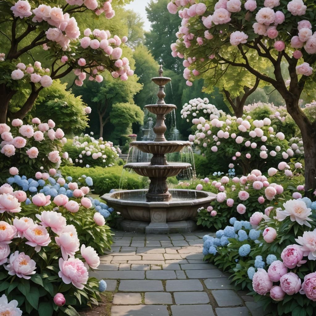ethereal, romanticism garden, fountain, bench, peonies, hydr...