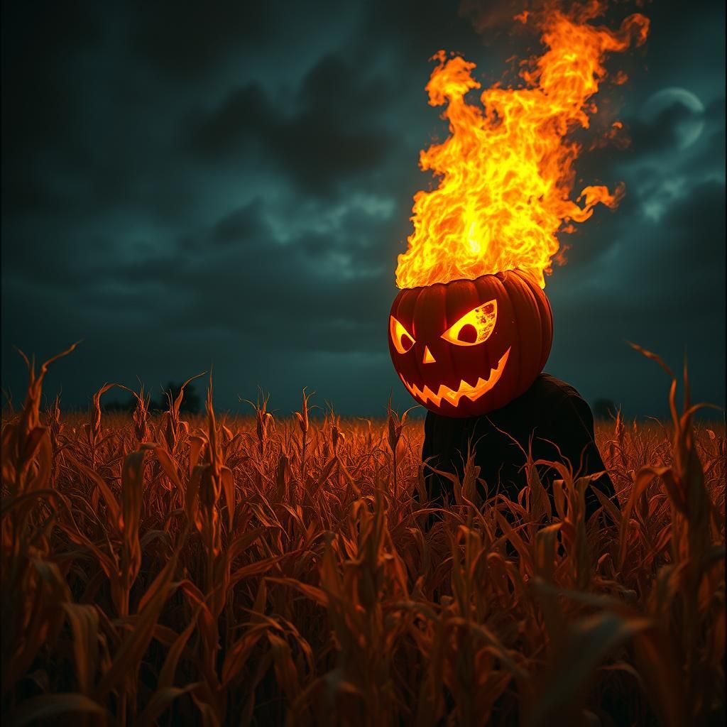 Fiery Jack-o'-Lantern Man in Cornfield, Dark Surrealism