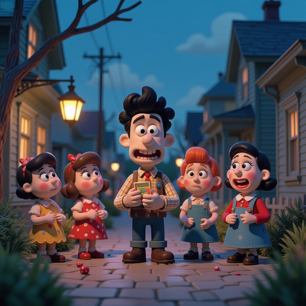 Whimsical Claymation Scene in Spooky Small Town