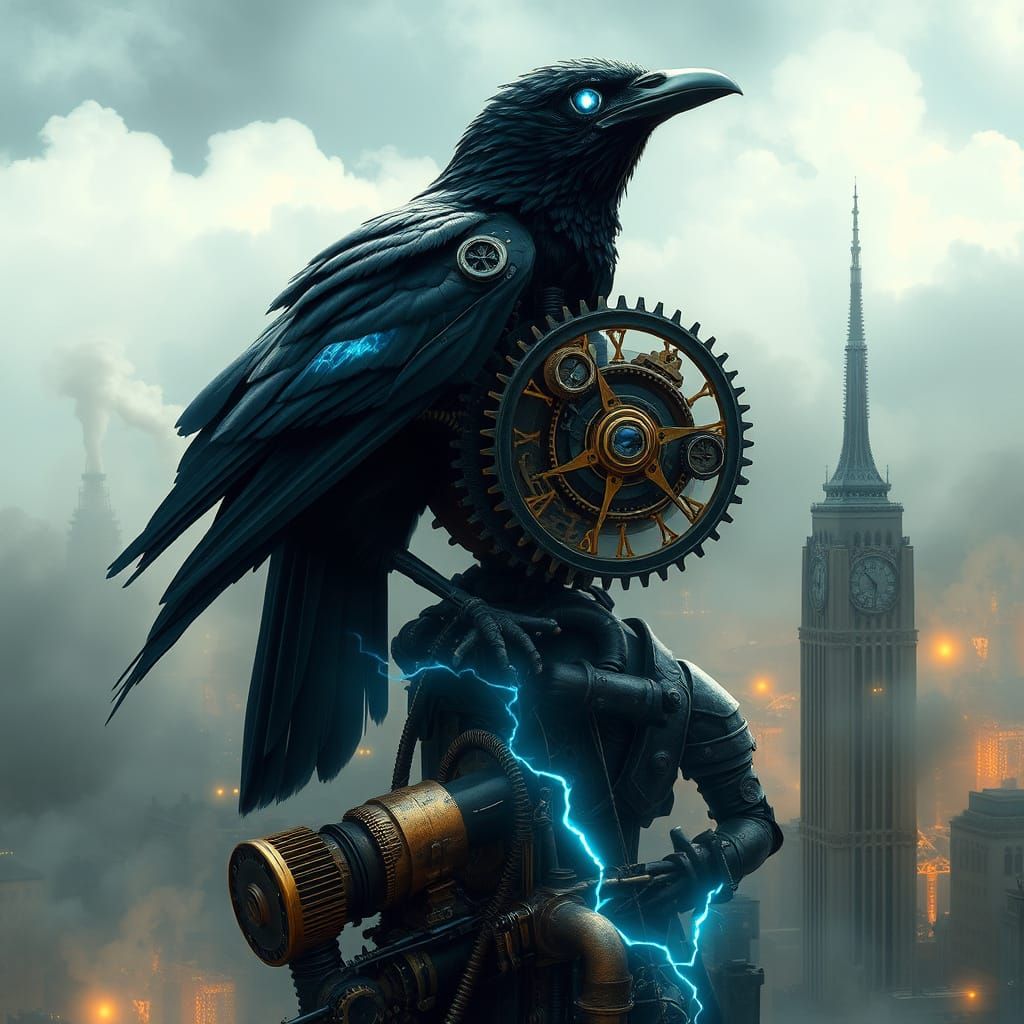 A clockwork raven perched atop the smog-choked city spire.