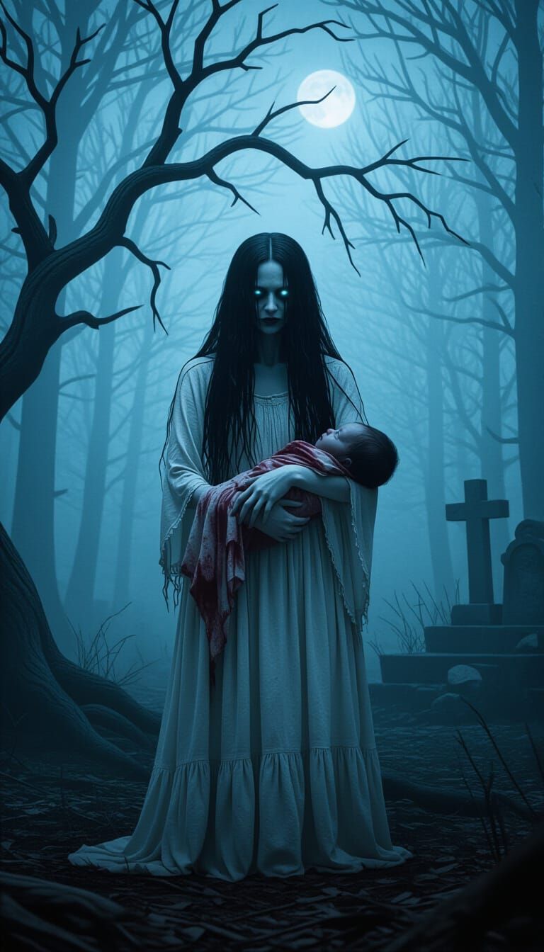 Eerie Ghost Woman in Misty Forest at Night