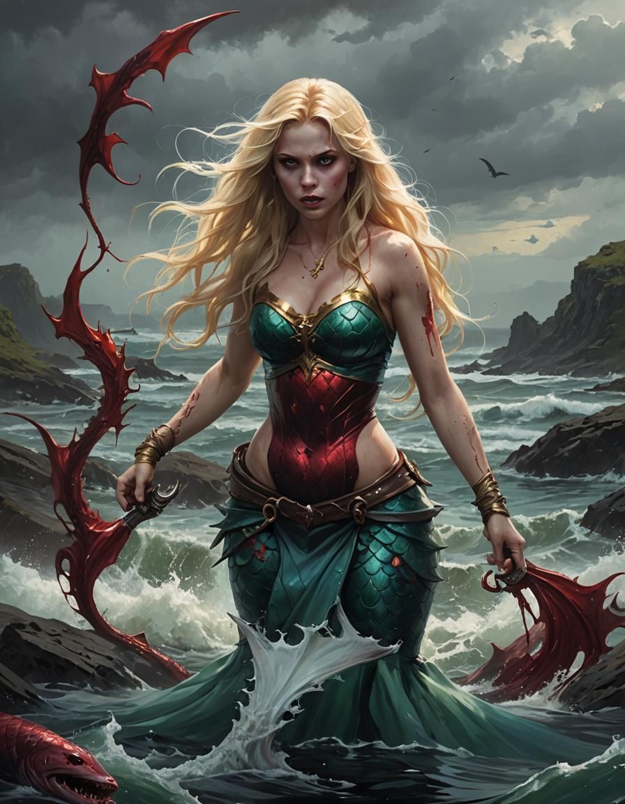 Sinister Blonde Mermaid's Bloody Hunt