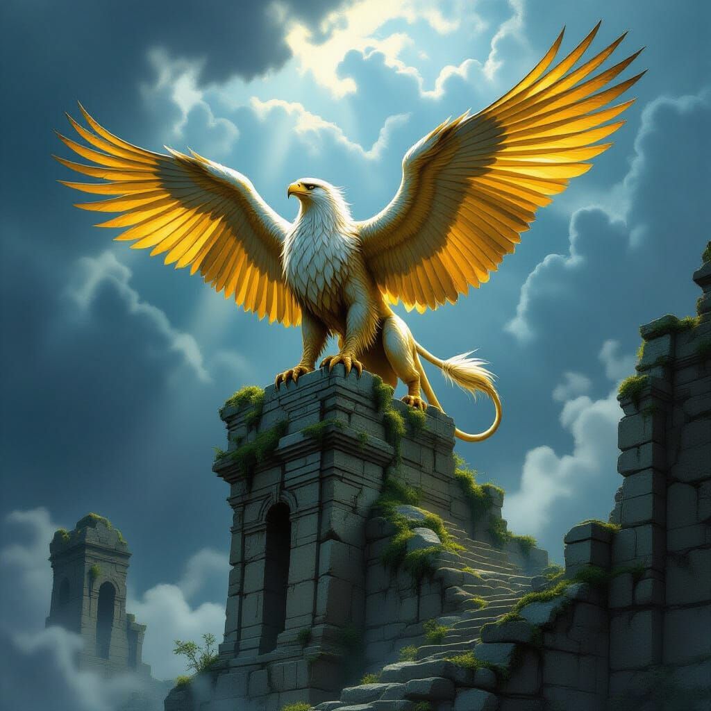 Majestic Griffin on Ancient Ruins in Stormy Sky