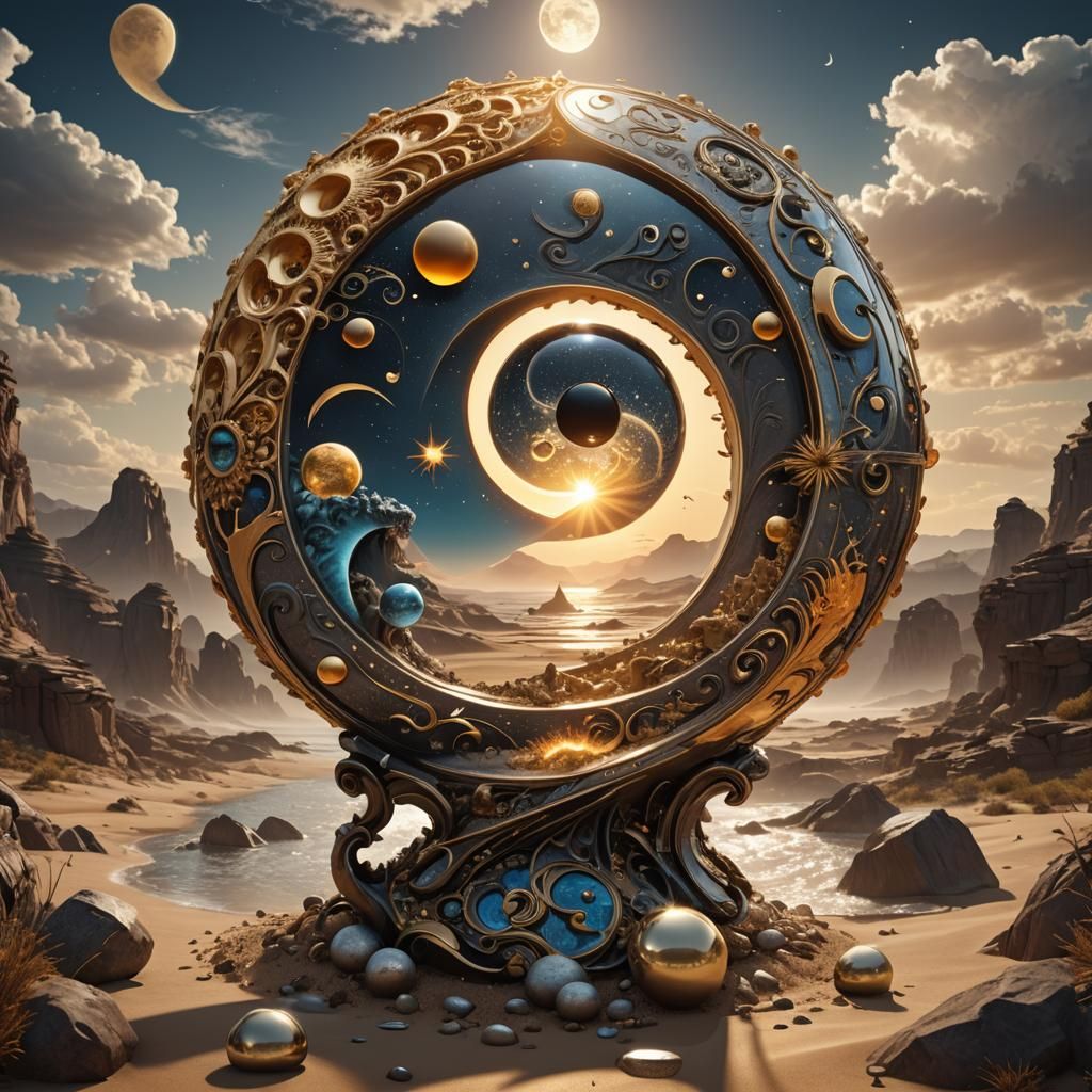 Surreal Yin Yang Sun Moon Sci-Fi Landscape