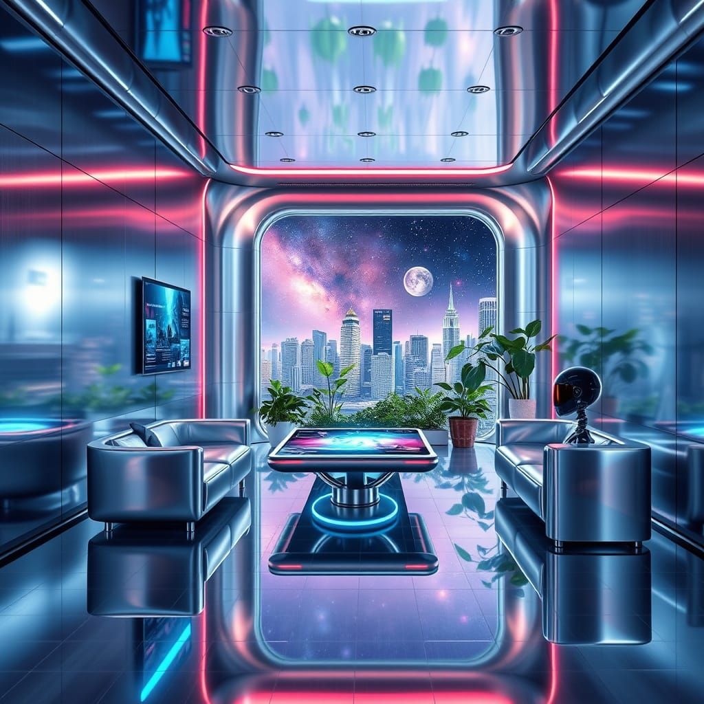 Futuristic Metal Interior with Cosmic Cityscape