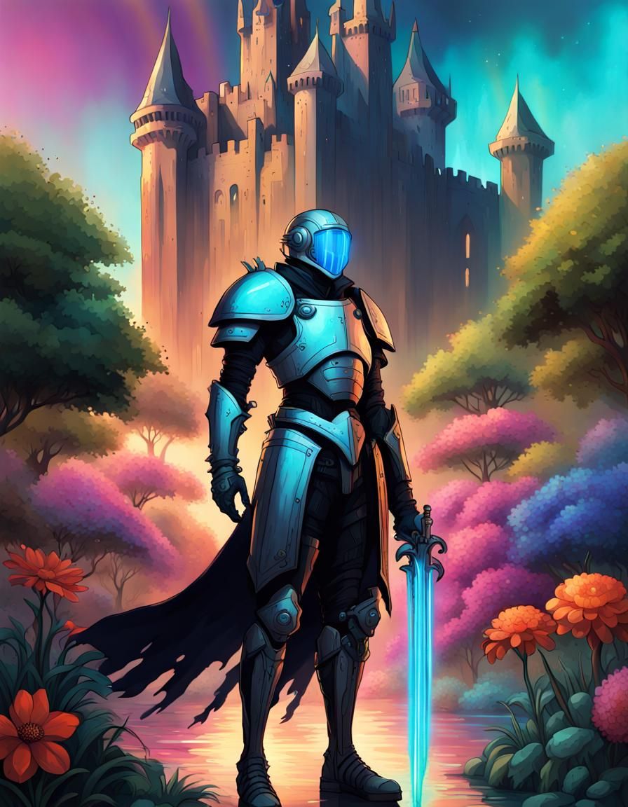 Cyberpunk Knight in Art Deco Style