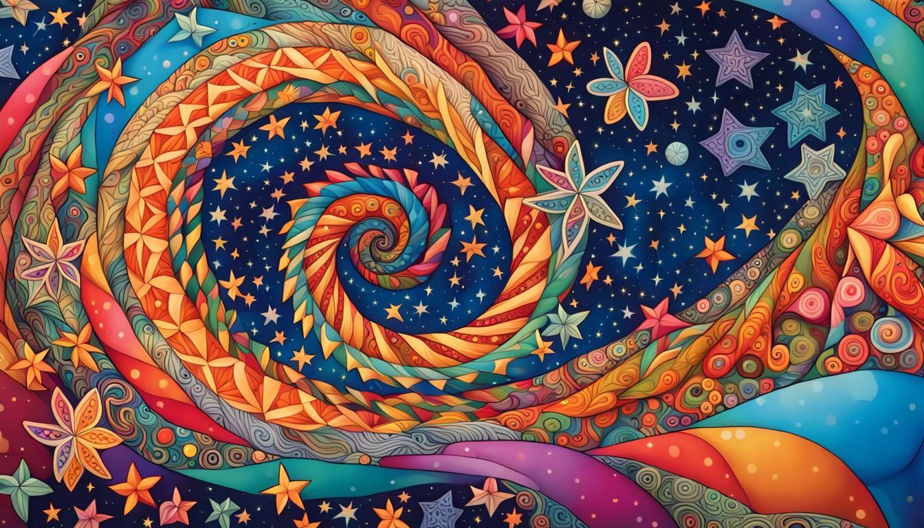 Colorful Cosmic Star Swirls in Folk Art Style