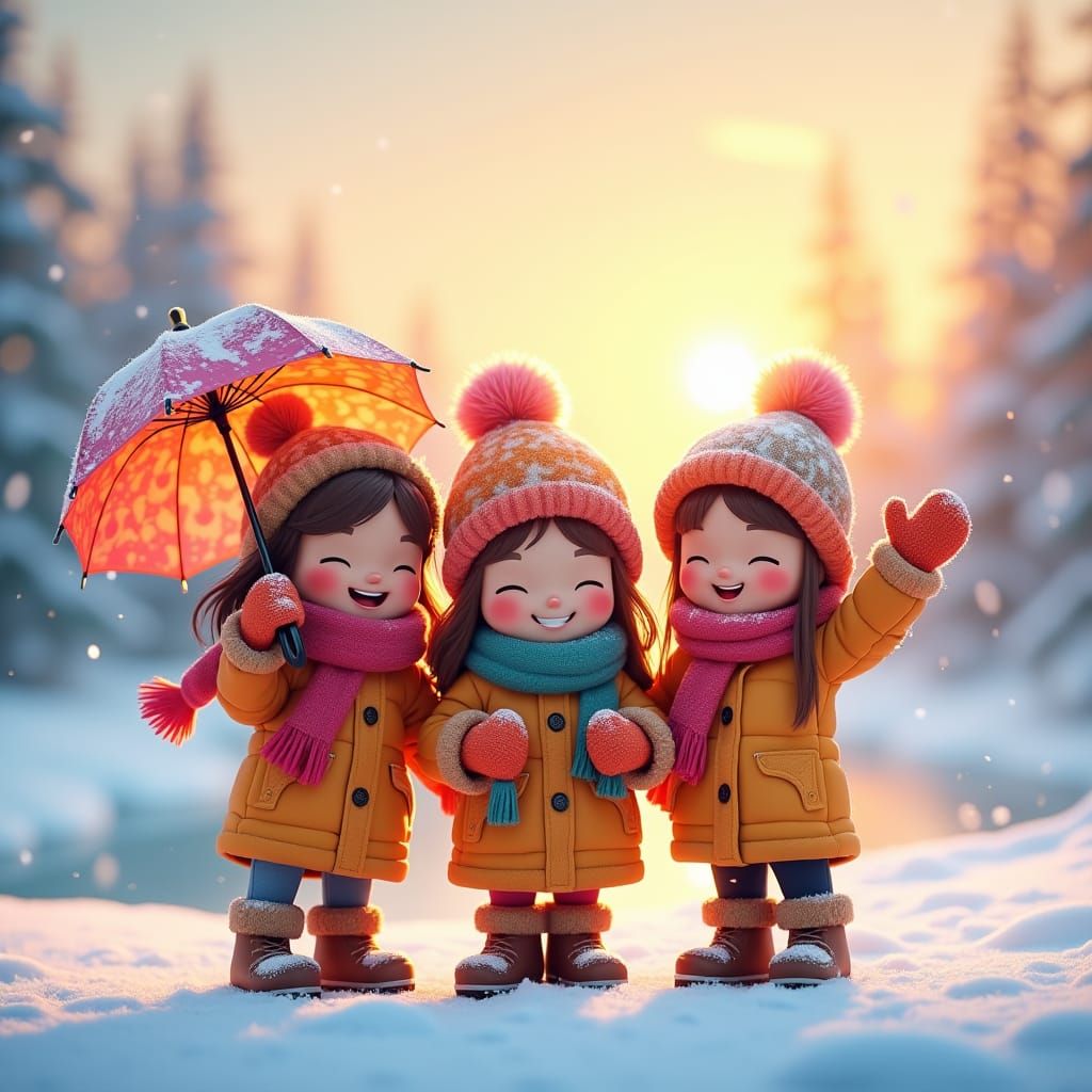 Cartoon Friends Waving in Winter Snowfall