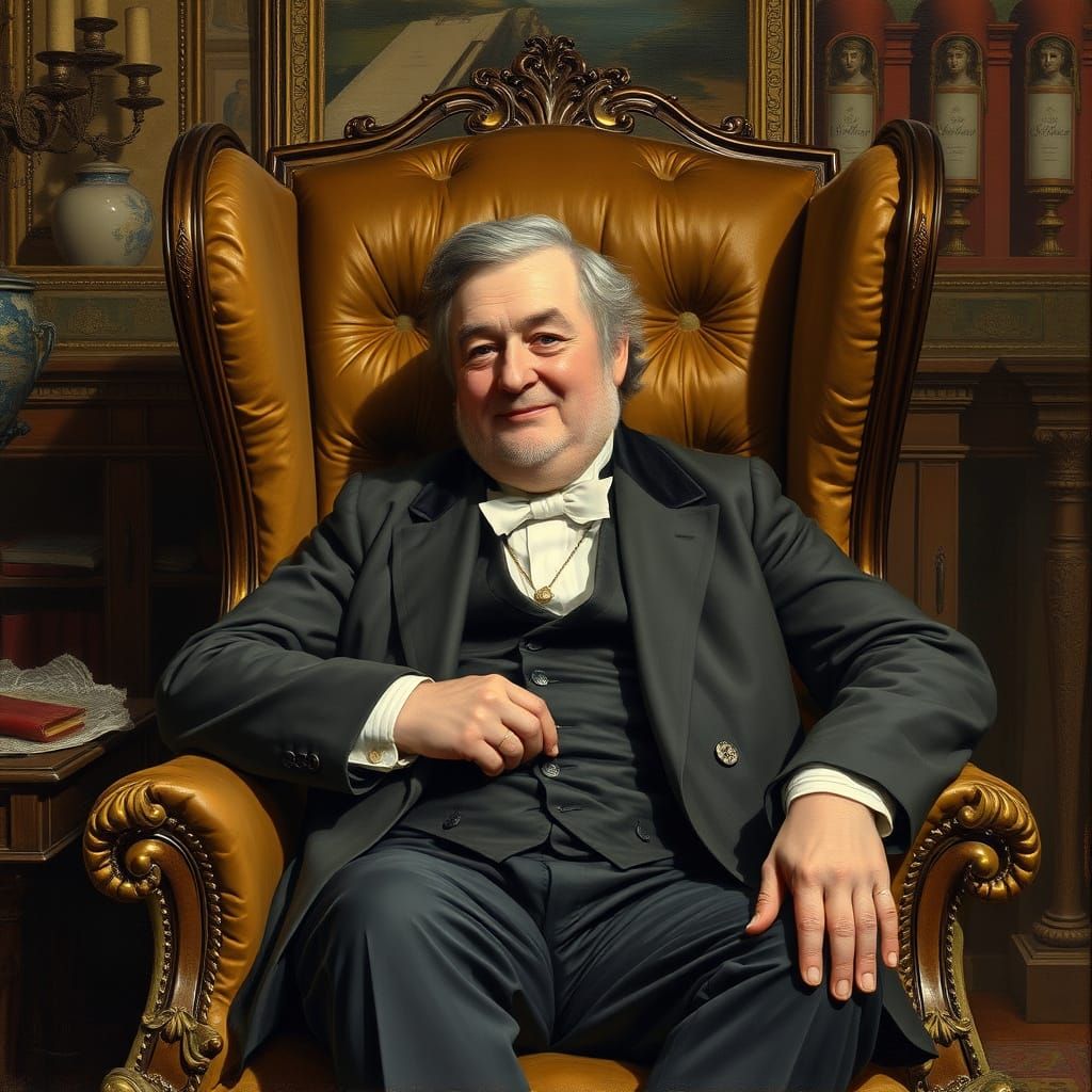 Stout Gentleman in Plush 19th-Century Study, in a Luxurious ...