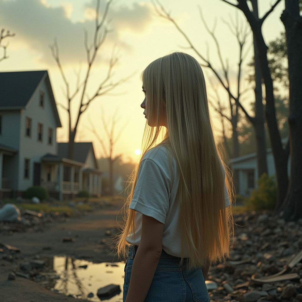 Giant Girl Surveys Hurricane Damage: Cinematic Still
