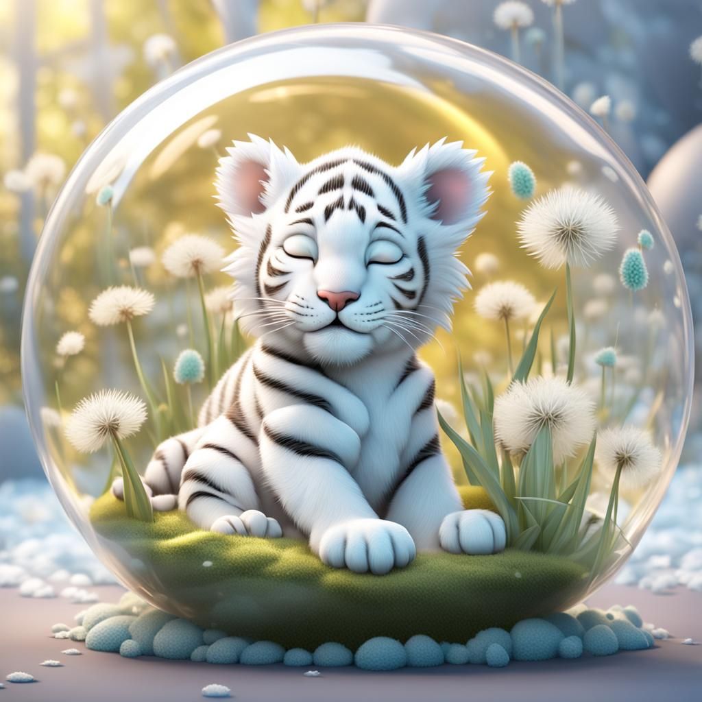 White Tiger Cub Sleeping Peacefully in Bubble: 3D Rendered