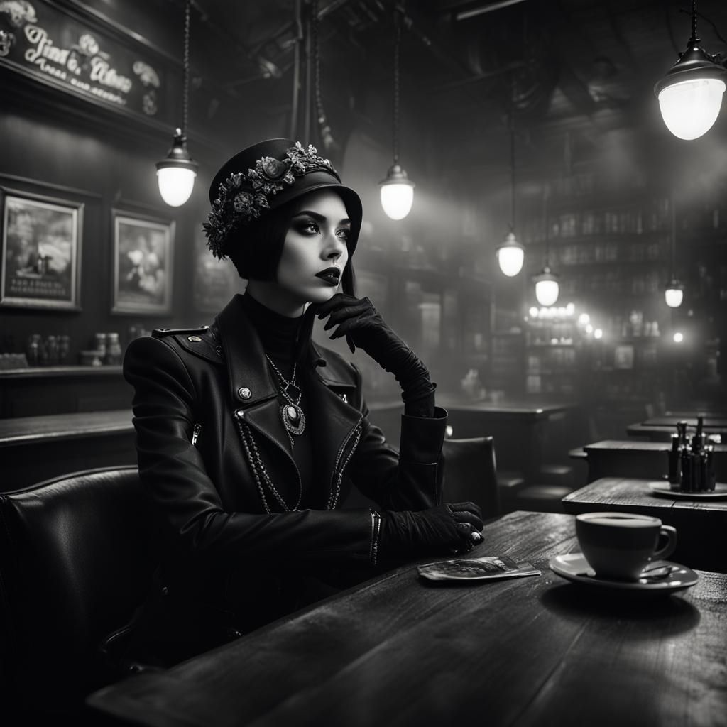 Goth Model in Coffee Shop: Grainy Black and White Photo