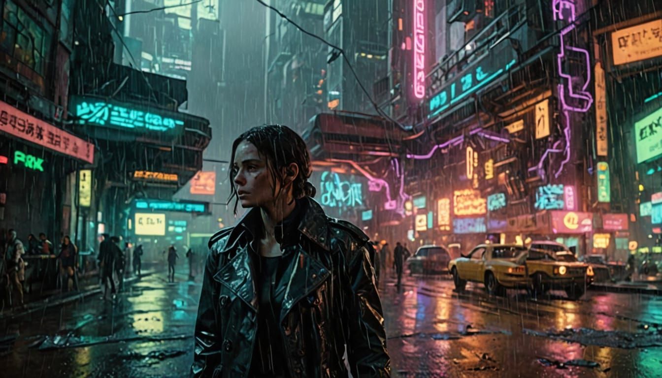 Cyberpunk Heroine Stands Tall in Rainy Dystopian Metropolis