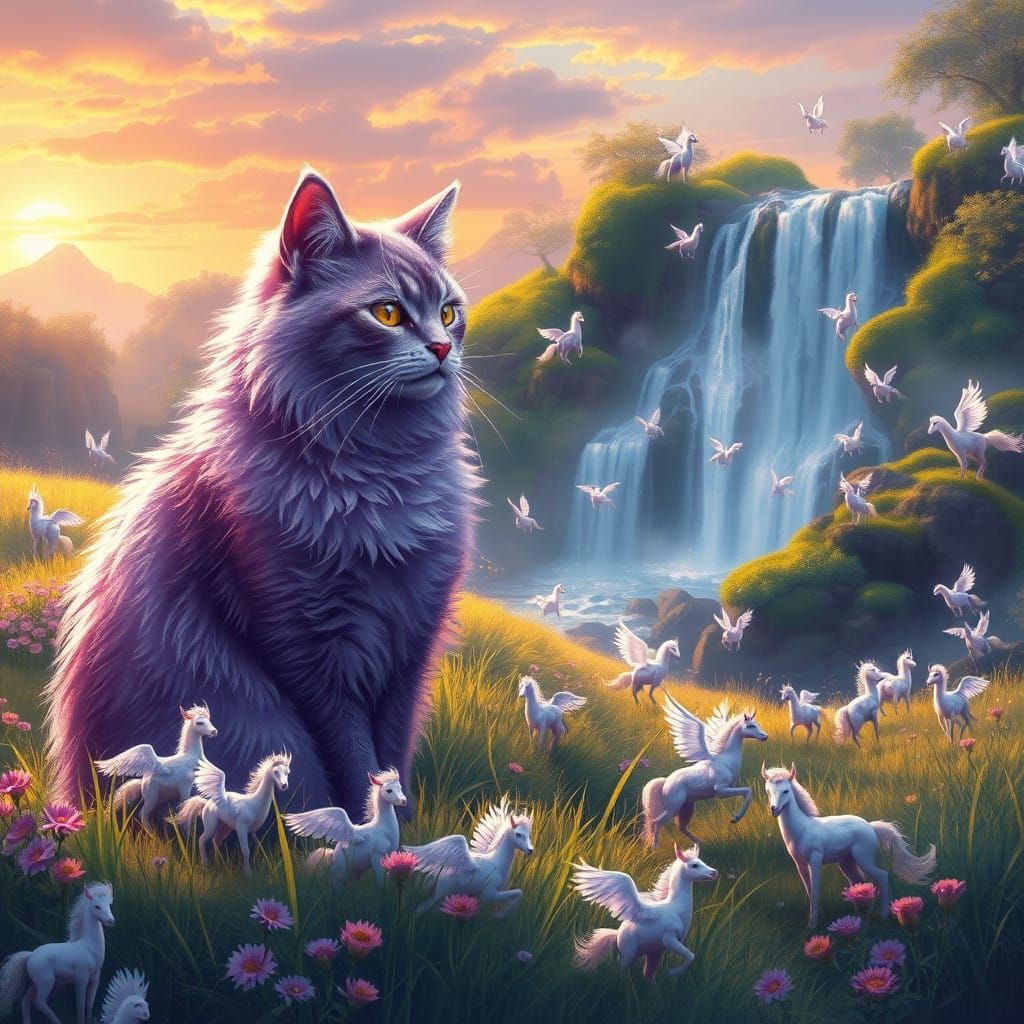 Regal Purple Cat in Enchanted Meadow with Miniature Pegasi a...