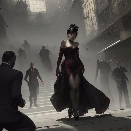 Geisha and Killer in Dark City, Doré Style