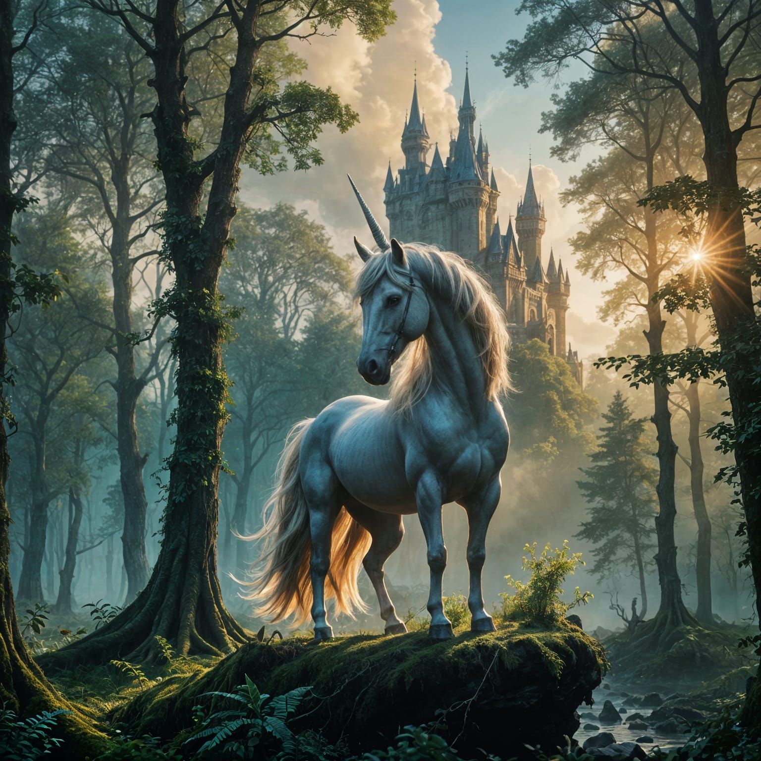 Magical Unicorn in Mystical Forest with Castle