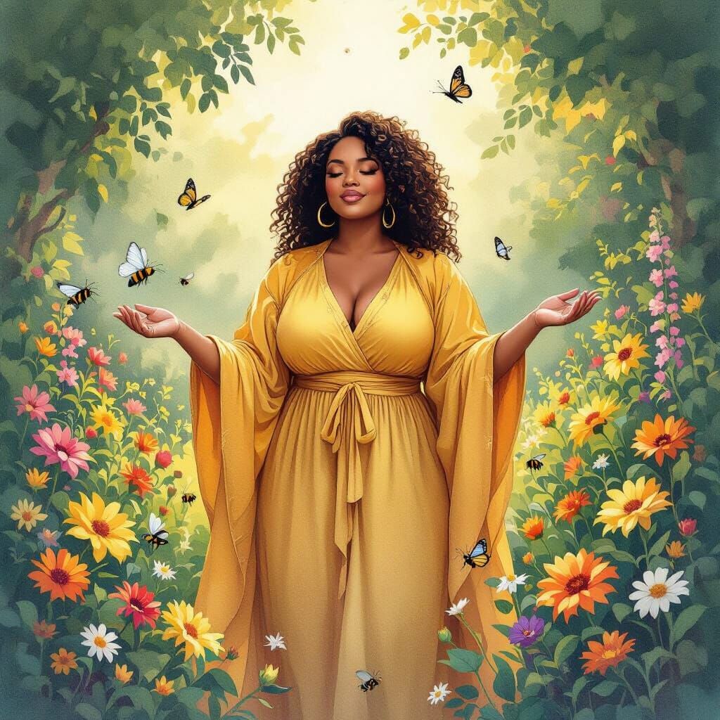 Golden Woman in Lush Garden: Watercolor Illustration