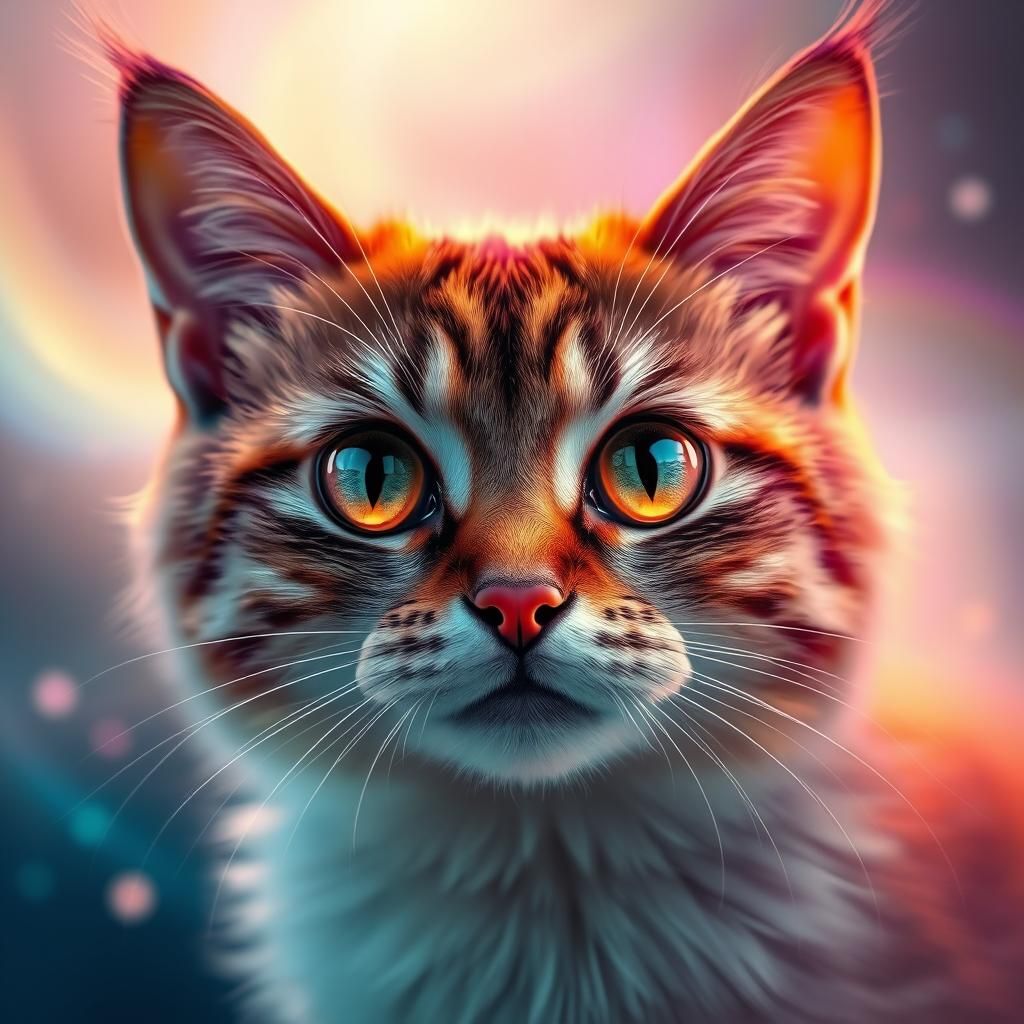 Iridescent Cat in Aurora, Photorealistic Digital Art
