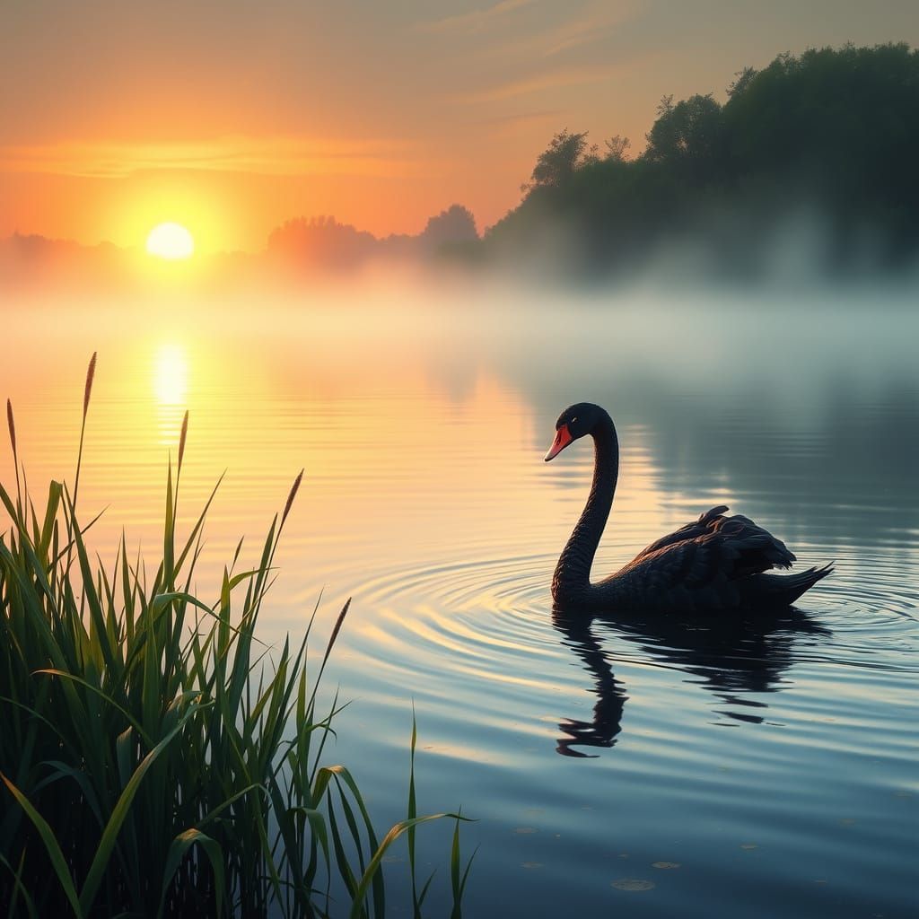 Black Swan on Serene Lake at Sunset