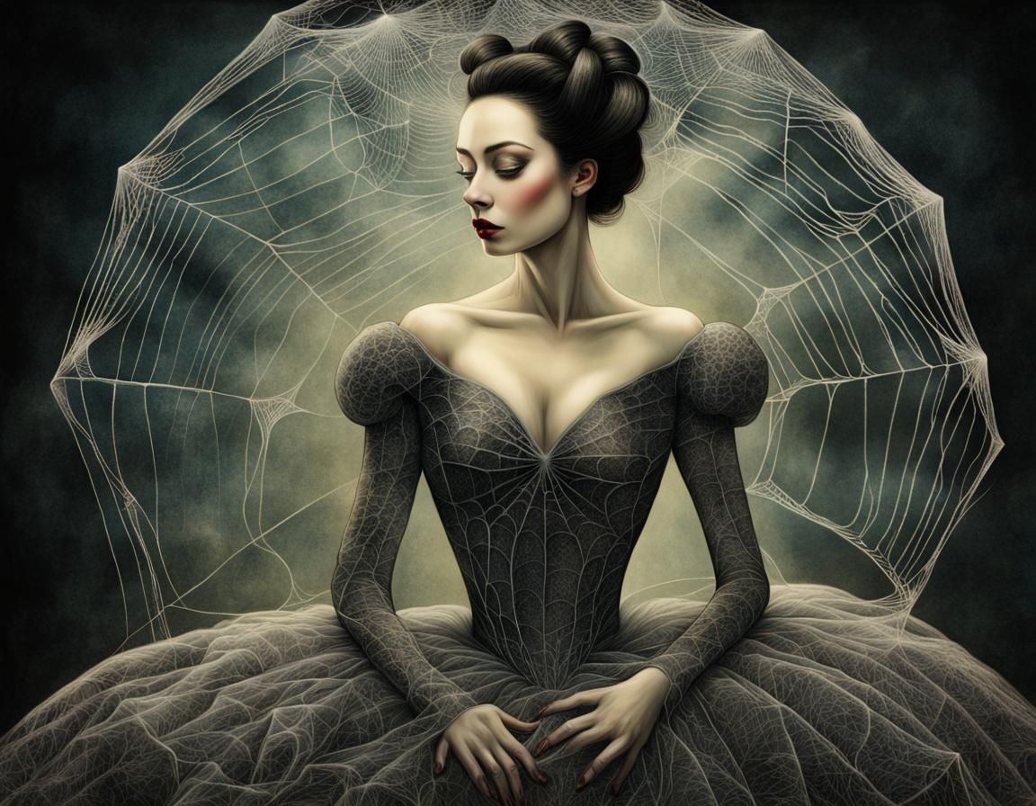 Surreal Woman in Spiderweb Gown Portrait