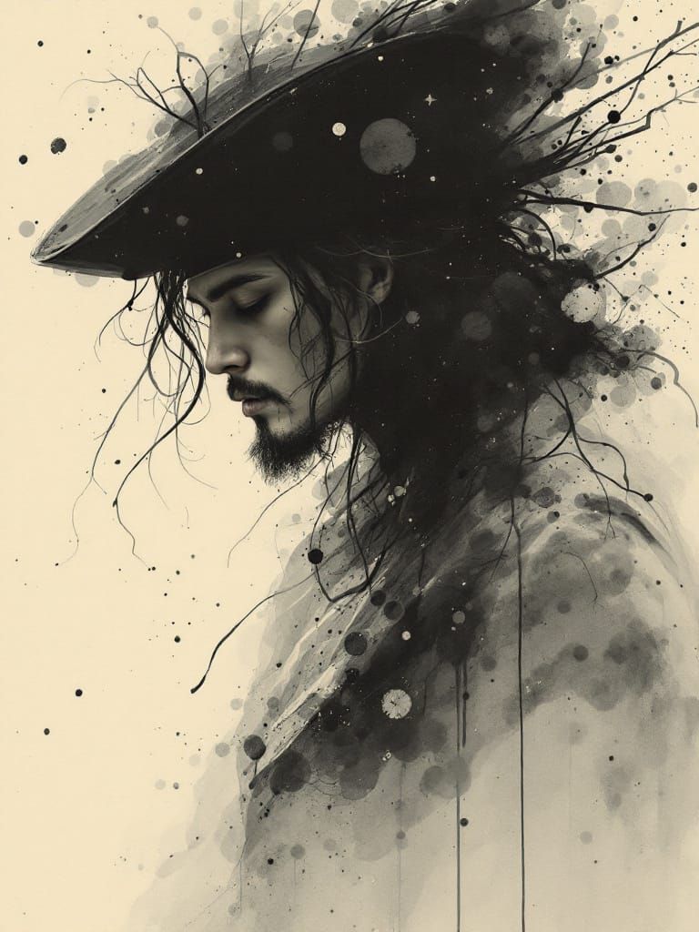Pirate Portrait in Ethereal Ink Wash Style