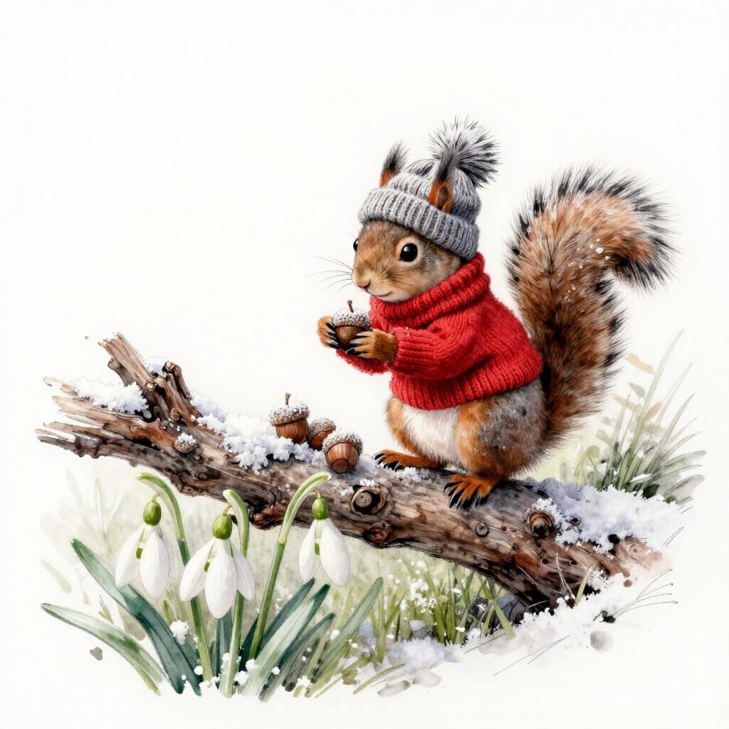 Squirrel in Sweater Gathers Frosted Acorns