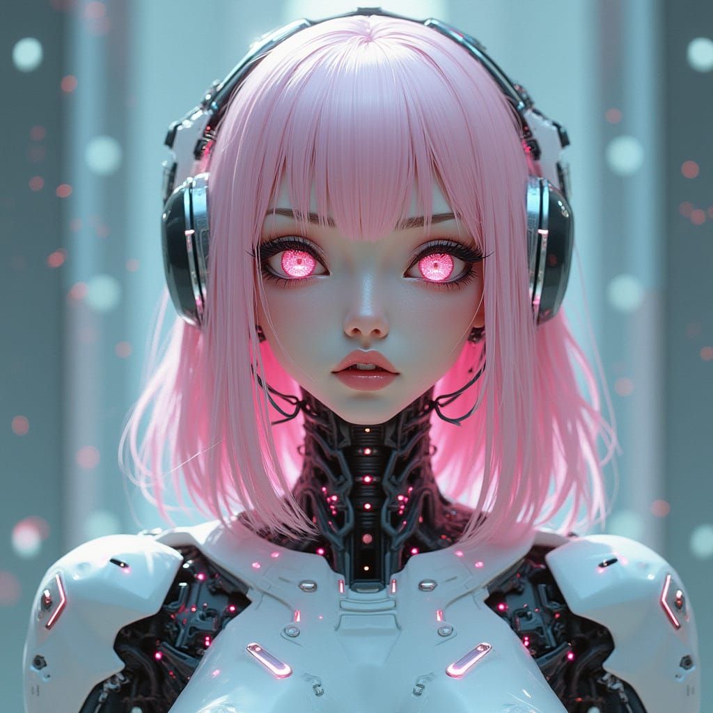 Cyberpunk Goddess with Synthetic Eyes and Pastel Pink Iris