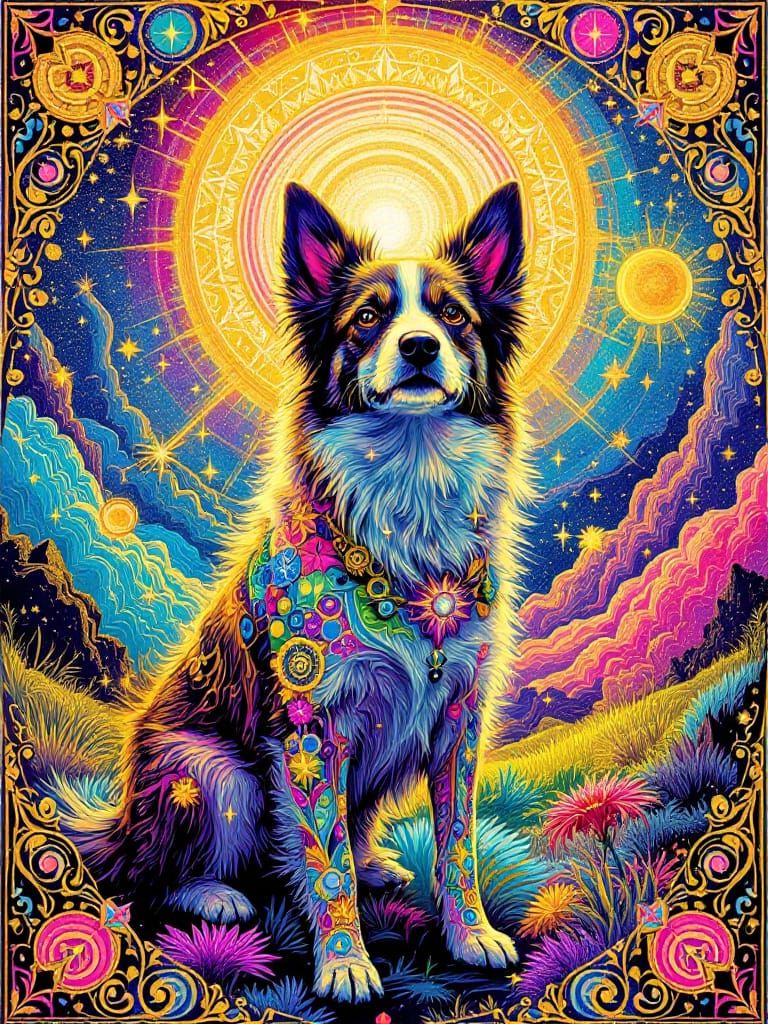 Psychedelic Dog in Golden Sun with Rainbow Fur