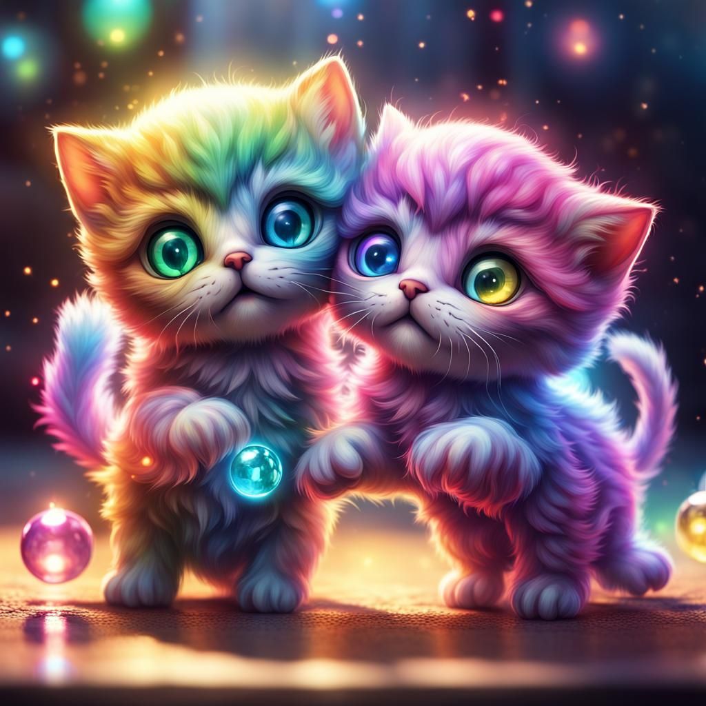 Chibi Kittens Dancing with Rainbow Sparkles